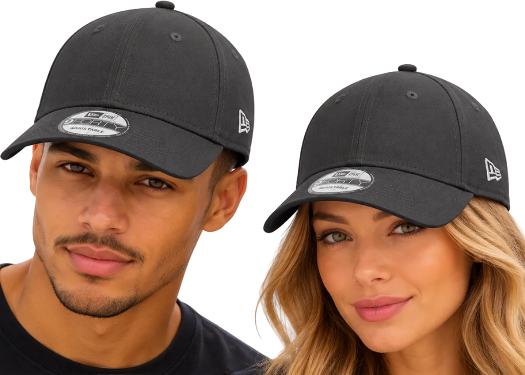 Two models wearing black New Era 9FIFTY baseball caps against a blue sky background.
