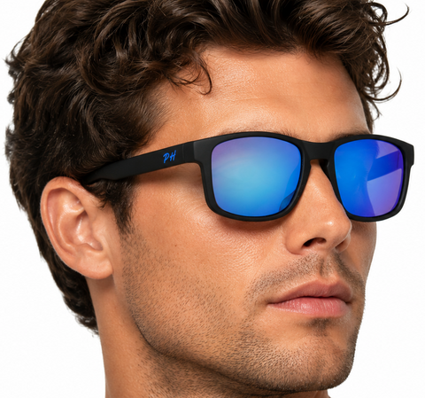 A close-up of a man wearing black sunglasses with vibrant blue mirrored lenses, shown against a solid white background.