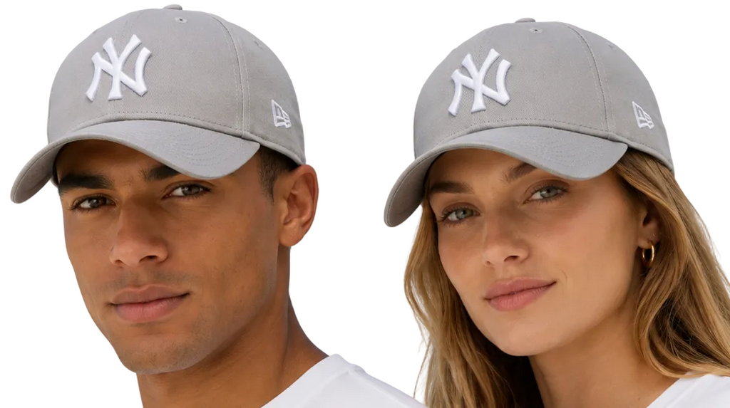 A light gray New York Yankees baseball cap shown on two models from the front and back, with a blue sky background. The top row shows the front view with a man and a woman wearing the cap, and the bottom row shows the back view with the adjustable strap.