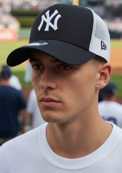 new york yankees trucker cap at baseball game