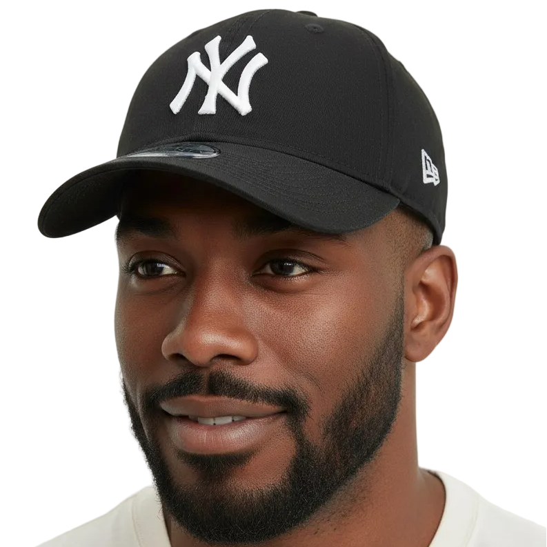 Man wearing a black cap with a logo on a white background