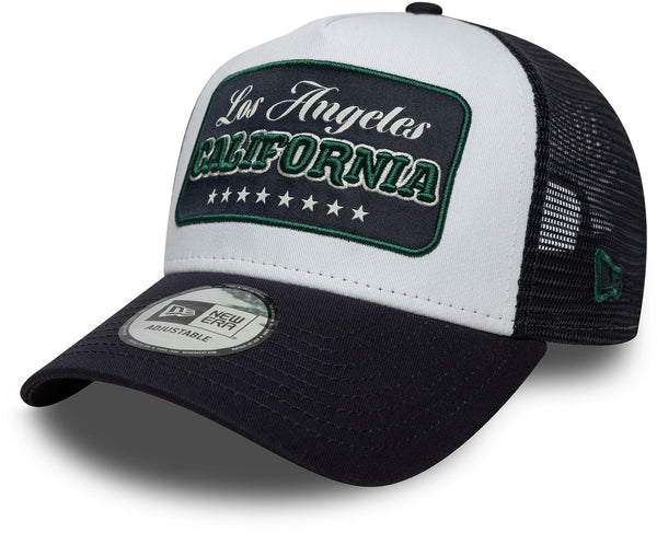 Black and white trucker cap with 'Los Angeles California' patch 