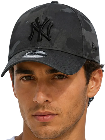models wearing dark gray New York Yankees baseball caps with a subtle camouflage pattern, set against a light blue sky background.