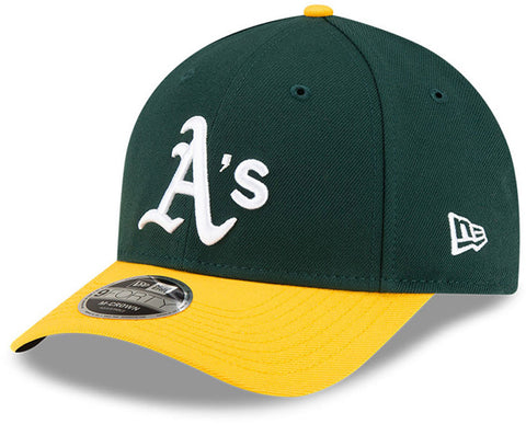 Oakland Athletics New Era 9FORTY M-Crown baseball cap front angled view in green and yellow with A’s logo.