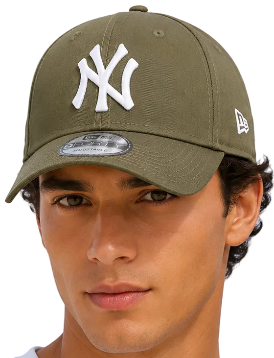 A man and a woman wearing matching olive green New York Yankees baseball caps with white embroidered logos, shown against a plain white background.