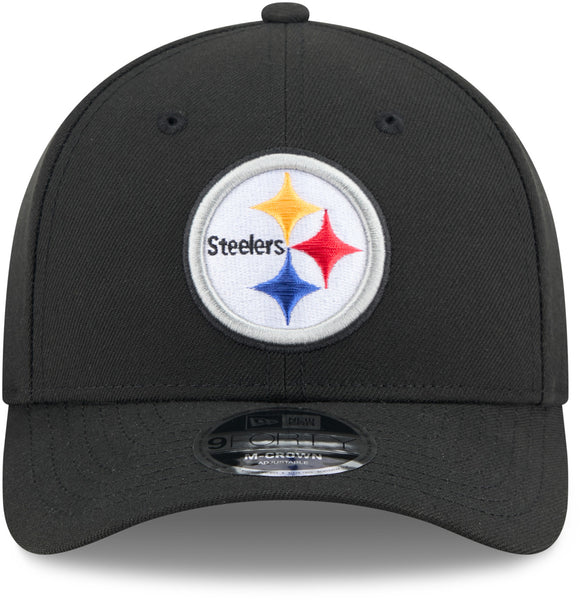 Close up of embroidered Pittsburgh Steelers logo on official New Era NFL baseball cap