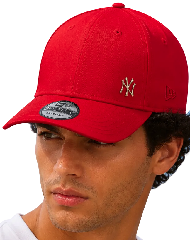 Two models wearing a red New York Yankees baseball cap with a gold embroidered NY logo and a New Era 9FORTY sticker on the visor, set against a plain white background.