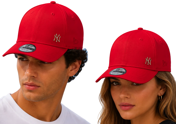 Two models wearing a red New York Yankees baseball cap with a gold embroidered NY logo and a New Era 9FORTY sticker on the visor, set against a plain white background.